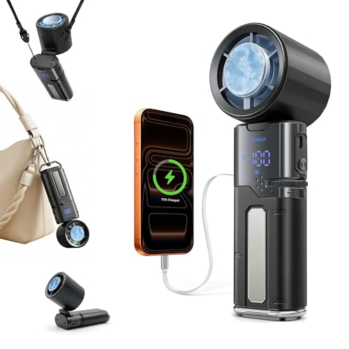 Portable Handheld Turbo Fan with Cooling Plate and Retractable USB-C Cable, 6000mAh Rechargeable, Powerful 100-Speed Wind, LED Display,135° Adjustable, Summer Essential for Travel/Outdoor/Office - color: Black
