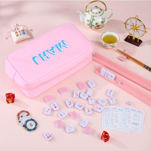 Soulchen Mini American Mahjong Tile Set Include 160 0.8 Inch Mahjong Tiles 2 Dice 4 Wooden Rulers 1 Accessory Bag 4 Beginner Rule Cards(Stylish) - style: Stylish