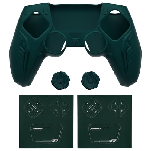 PlayVital Silicone Skin Set for PS5 Controller - Charging Dock Compatible, Full Protection Case with Futuristic CyberMech Design, Soft Cover with Thumb Grips & Stickers - Racing Green - color: Racing Green