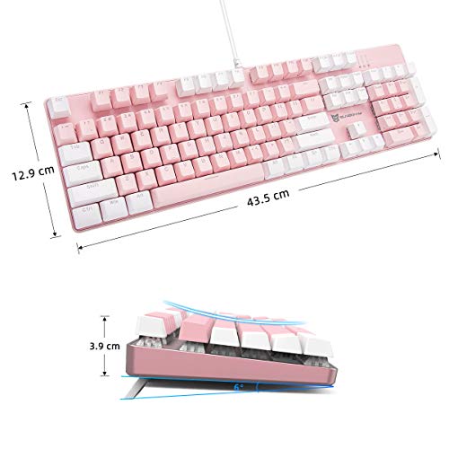 Merdia 104 Keys Full Size Mechanical Keyboard | Blue Switch, Pink & White Color 104 Keys US Layout Led Backlit Hot Swappable Wired Mechanical Light Up Pink Keyboard | Wired Gaming Computer Keyboards - color: Blue Switch Pink & White