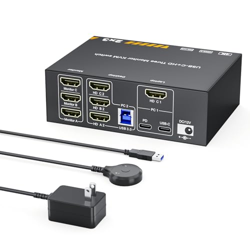 KVM Switch 3 Monitors MST 1 Laptop & 1 Desktop, Reyoten 4K HDMI USB Switch,3 Monitors MST for Laptop with 87W PD Charging, 4K Hub for 2 PCs to Share Monitor, Keyboard, Mouse & Printer - color: black, size: 12.5 cm