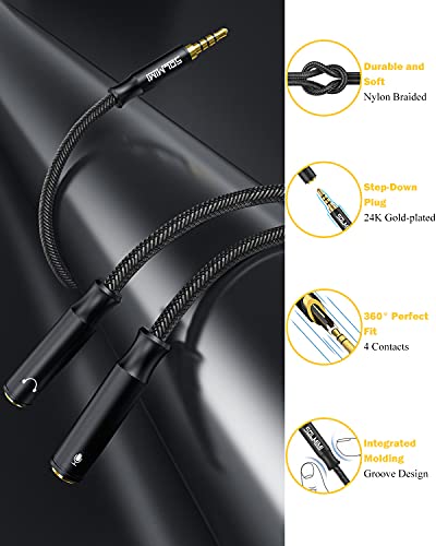 Headphone Splitter Cable TRRS 3.5mm 2 Female 1 Male Aux Splitter 30cm | Nylon Braided Cord, Gold Plated, Separate Audio and Mic, For 3.5mm PC Laptop Phone PS4 Xbox 1 Switch 2/PS4/PS5/Steam Deck - size: 0.65FT