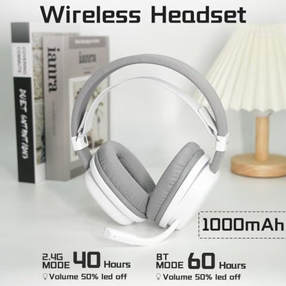 G7 Wireless Gaming Headset, Surround Sound 10ms Low Latency, PC Headset with Detachable Noise Canceling Mic, 40mm Driver, Tri-Mode 2.4G/BT5.2/Wired, Over Ear Headphone for PS5,PS4,Switch - color: White