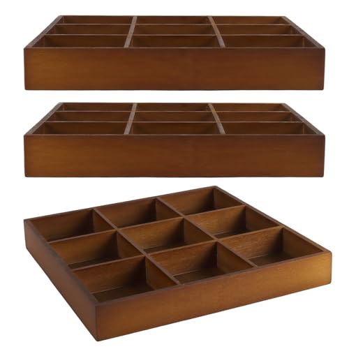 3 PCS Divided Wooden Trays, Square 9 Compartment Wooden Sorting Tray, Bamboo Serving Storage Tray for Restaurant Snack, Home Decor, Office Supplies, Kitchen, Jewelry Craft, Walnut Color