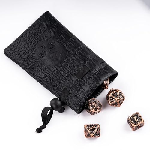 7-Die Metal DND Dice Set Role Playing Dice for RPG Table Games | Vine Design PU Leather Pouch for Dungeons and Dragons - color: Vine-ancient Copper