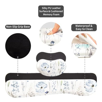 QIYI PU Leather Desk Mat Set, 4-in-1 Ergonomic Wrist Rest, Wildflowers | Waterproof Large Mouse Pad 31.5×15.7 + Keyboard Wrist Rest + Mouse Wrist Support+Coaster, Non-Slip Office Gaming Accessories - color: Watercolor Wildflowers