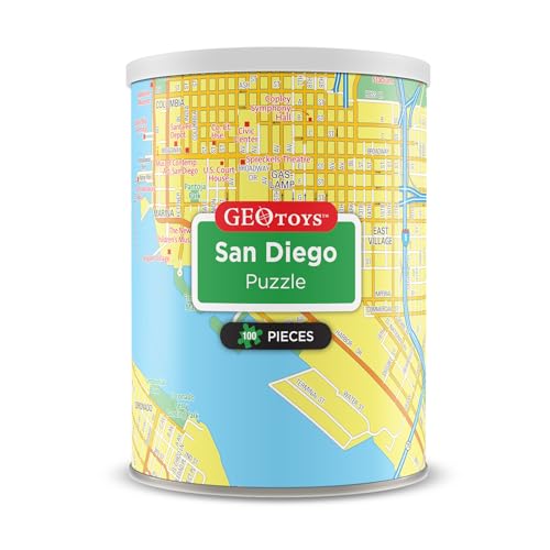 Geotoys San Diego Mini City Puzzle - 100 Piece Puzzles for Kids and Adults in Portable Can, 13" x 10" Educational Travel Puzzle for Ages 7 and Up - Mini Puzzles to Learn & Explore Geography - style: San Diego