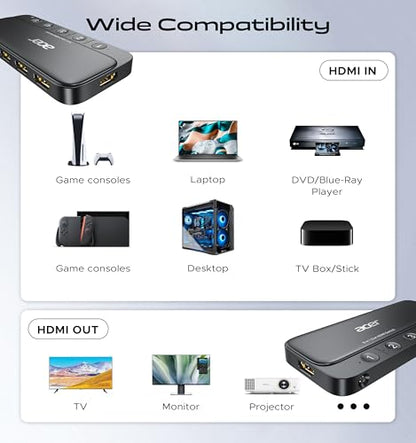 acer 5 in 1 Out HDMI Switch 4K@60Hz HDMI 2.0 with Remote for PS5 Xbox TV | Low-Latency 4K Signal Switching, Supports HDR, HDCP 2.3, DTS & Dolby ATMOS, work for PS5, Xbox, Switch, TV Stick, Projector