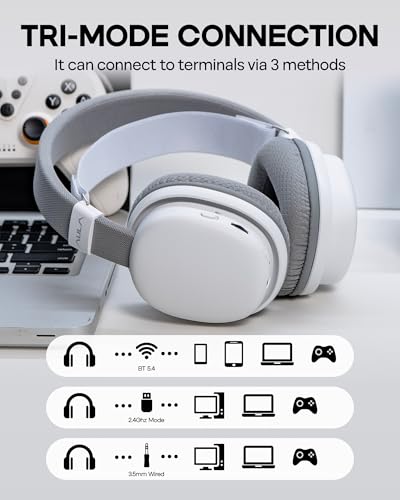 MechLands Aula G7 Wireless Gaming Headset for PS4/PS5/PC/Switch, Over-Ear Headphones with Detachable Noise Canceling Mic, RGB, Surround Sound, 60H Battery, 2.4GHz/BT/Wired (White) - color: White