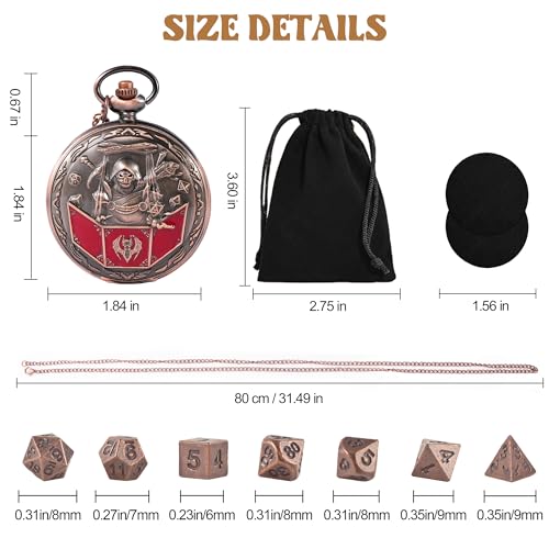 D&D Dice Set,7PCS Metal Dice for Dungeons and Dragons,Mini Dice Set with Pocket Watch Case,Role Playing Board Games Accessories (DM, Copper) - color: Copper, style: DM