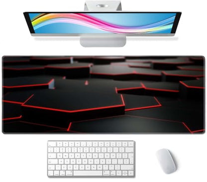 Gaming Mouse Pad Large, Keyboard Mouse Mat Desk Pad, Non-Slip Rubber Base with Stitched Edges Mousepad, 31.5X11.8 inch Abstract Black Hexagon Background with Red Line - color: Abstract Black Hexagon
