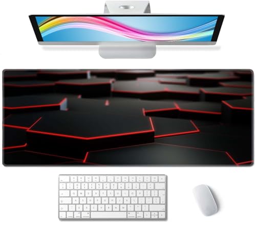 Gaming Mouse Pad Large, Keyboard Mouse Mat Desk Pad, Non-Slip Rubber Base with Stitched Edges Mousepad, 31.5X11.8 inch Abstract Black Hexagon Background with Red Line - color: Abstract Black Hexagon