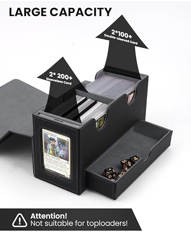 MRAUF MTG Deck Box with Double Commander Display and Dice Tray, Fits 200+ Double Sleeved Cards, Card Storage Box Plus 2 Magnetic Holders& 100Pcs Card Sleeves (Black) - color: Black