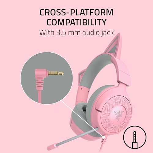 Razer Kraken Kitty V3 X Wired Gaming Headset, Kitty Ears, Pink | HyperClear Cardioid Mic, 40 mm Drivers, 7.1 Surround Sound, Comfy Ear Cushions, Cross-Platform via 3.5mm PC, PS5, Xbox - color: Quartz Pink