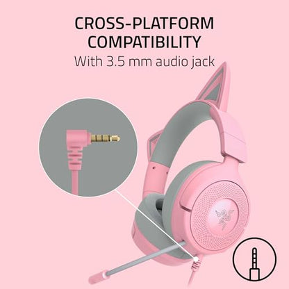 Razer Kraken Kitty V3 X Wired Gaming Headset, Kitty Ears, Pink | HyperClear Cardioid Mic, 40 mm Drivers, 7.1 Surround Sound, Comfy Ear Cushions, Cross-Platform via 3.5mm PC, PS5, Xbox - color: Quartz Pink