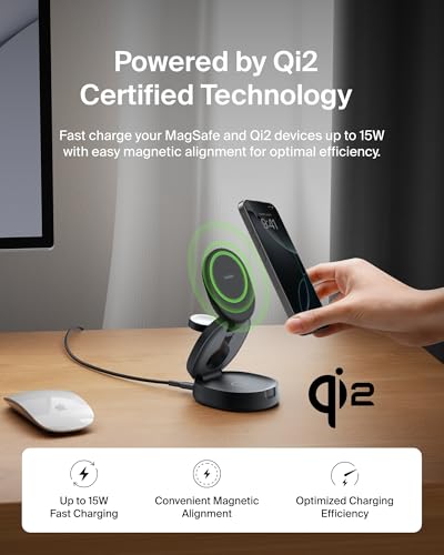 Belkin MagSafe Charger Compatible, 3-in-1 Qi2 15W Wireless Charging Station, Convertible Wireless Charger for iPhone 17, Apple Watch, AirPods, Pixel 10, Phone Stand for Travel w/ 36W Adapter - Black - color: Black, style: 3 in 1