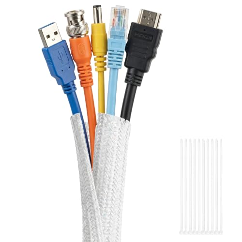 Delamu 10ft - 1/2 inch Cable Sleeve Cord Protector from Pets No Chew, Split-Braided PVC Wire Loom Tubing for Desk Computer USB TV Cord Organizer, Easy Set-up Cable Management Sleeve Kit, White - color: White, size: 1/2"-10ft