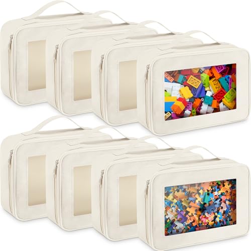 Abbylike 8 Pack Toys Storage Bags with Handle and Clear PVC Window, Classic Bricks Building Set Organization Bags, Car Toy Traveling Carrying Case for Puzzles Board Games Building Blocks(Beige) - color: Beige