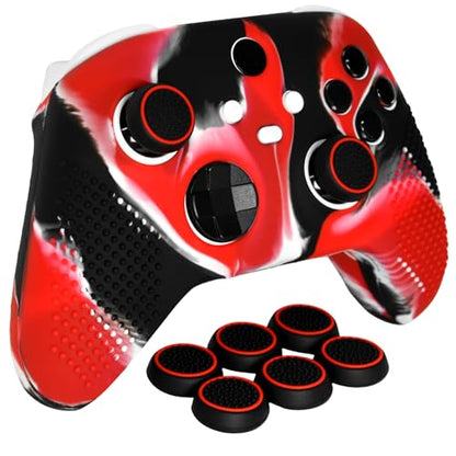 Anti-Slip Red Black Controller Skin,Studded Edition Protective Silicone Cover Skin Grips Compatible with Xbox Series X/S Controller and 6 PCS Thumb Grips Caps. - color: Red Black