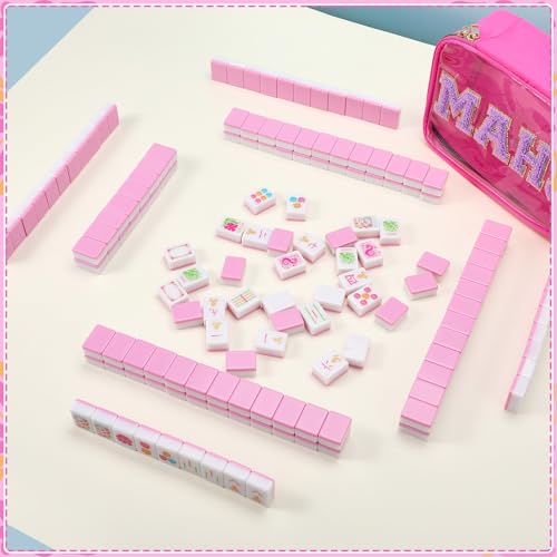 Soulchen American Mahjong Tiles Accessories Set 160 Pieces 1.2 Inches American Mahjong Tiles Game Set with Waterproof PVC Clear Zippered Storage Holder Bag for Game Lover Gift(Hot Pink) - color: Hot Pink, style: Flowers