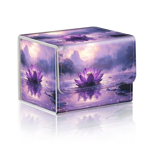 Trading Card Storage Box, Holds 100+ for MTG Cards, PU Leather with Magnetic Closure, Purple Lotus Flower in Misty Lake Durable Deck Box for Magic the Gathering, Trading Card Games - color: Purple Lotus Flower in Misty Lake