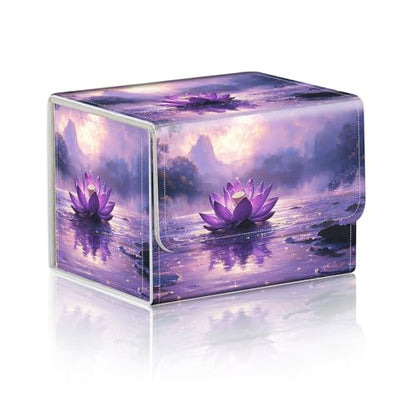 Trading Card Storage Box, Holds 100+ for MTG Cards, PU Leather with Magnetic Closure, Purple Lotus Flower in Misty Lake Durable Deck Box for Magic the Gathering, Trading Card Games - color: Purple Lotus Flower in Misty Lake