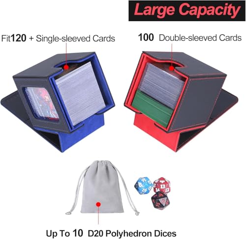 AFIING MTG Deck Box for Commander Display,Card Deck Box Fits 100 Double Sleeved Cards, Magic Commander TCG Storage Box with 2 Dividers,Drawstring Bag and 1 Toploader(Black/Blue) - color: Commander Black Blue