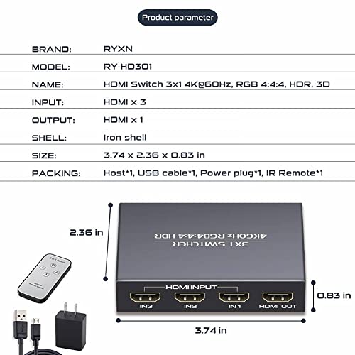 HDMI 2.0 Switch 3 in 1 Out 4K@60Hz, HDMI Switcher Splitter 3x1, Supports GRB4:4:4, HDCP2.2, HDMI2.0, HDR10, for PS5/4 Blu-Ray Fire Stick Roku PC and More