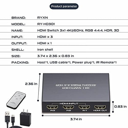 HDMI 2.0 Switch 3 in 1 Out 4K@60Hz, HDMI Switcher Splitter 3x1, Supports GRB4:4:4, HDCP2.2, HDMI2.0, HDR10, for PS5/4 Blu-Ray Fire Stick Roku PC and More