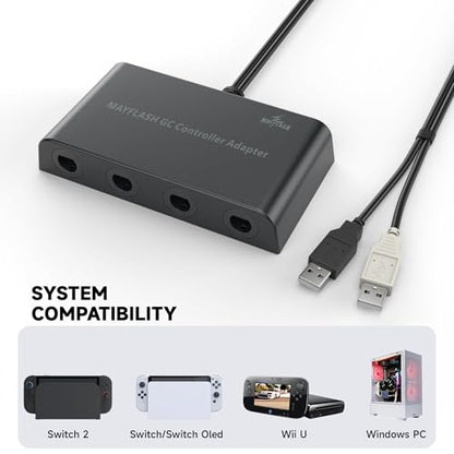 MAYFLASH Gamecube Controller Adapter for Wii U, PC Windows and Switch/Switch 2, 4 Ports
