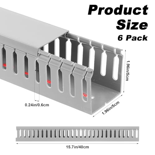 6 Pack 15.7 Inch Server Rack Cable Management Raceway PVC Cable Duct with Acrylic Adhesive Open Slot Wire Raceway Cables Management for Under Desk TV Computer Network Cords, Gray