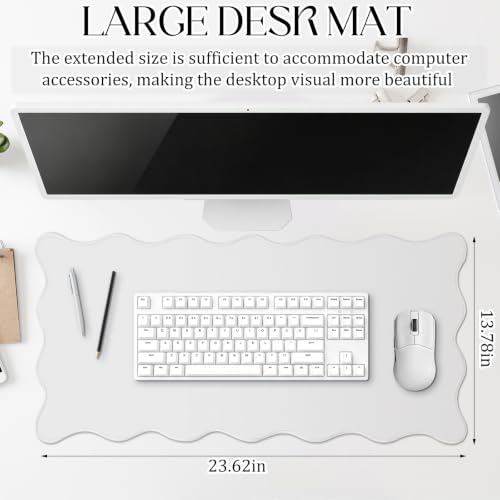 Hahafelt Scalloped Desk Mat Large Desk Pad Cute Coquette Table Mat Back to School Preppy Table Make up Pad Nonslip Graduation Gift with Stitching Waterproof Gaming(White,23.6 x 13.8 Inches) - color: White, size: 23.6L x 13.8W inches