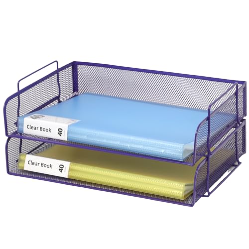 EASEPRES 2 Pack Stackable Desk Paper Tray, Metal Mesh Desktop Document Letter File Organizer for Office Home School, 13.5'' L x 9.75'' W x 5.5'' H, Purple - color: 2 Pack Purple