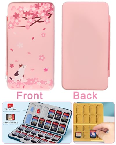 Daspken 24 Game Holder Slots and 24 SD Micro Card Slots for Nintendo Switch/Lite/OLED,Cherry Blossom Cartoon Puppy Style Games Cartridge Cases for Kids Girls Kawaii Storage Box