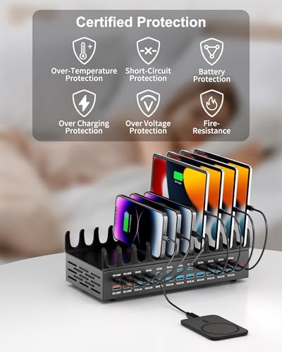24 Ports 420W Charging Station for Multiple Devices, Iron Alloy USB Charger | with 30W Power Delivery, Multi Fast Charger Dock for Phone Tablet, Home, Office, School