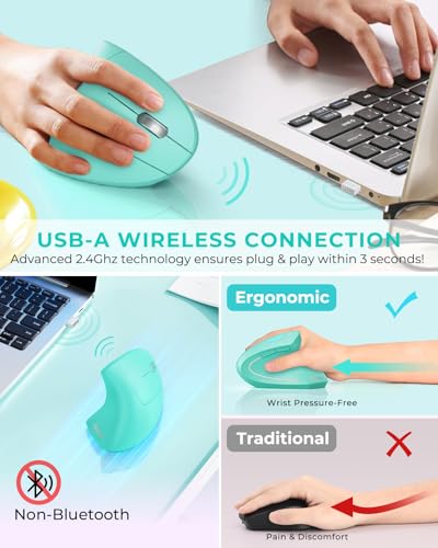 Lekvey Ergonomic Mouse, Vertical Wireless Mouse Rechargeable 2.4 GHz Optical Carpal Tunnel Mouse : 800/1200 / 1600 DPI, 6 Buttons, for Laptop, PC, Mac, Computer, Desktop, Notebook etc, Green - color: Green