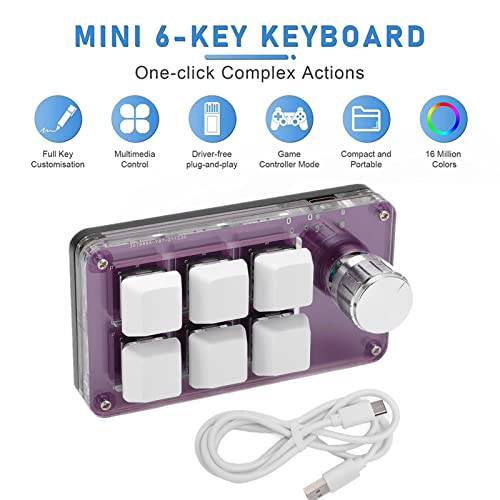 Cuifati 6-Key Mini Keypad One Handed Mechanical Gaming Keyboard, Multifunctional Shortcut Programmable Macro Keyboard, with Knob, Plug and Play, for, for Vista, for Linux, for