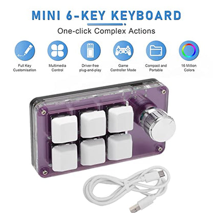 Cuifati 6-Key Mini Keypad One Handed Mechanical Gaming Keyboard, Multifunctional Shortcut Programmable Macro Keyboard, with Knob, Plug and Play, for, for Vista, for Linux, for