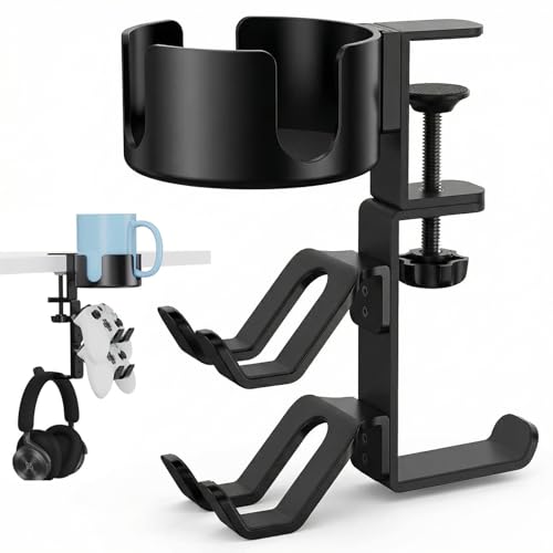 Under Desk Controller Holder Clamp Headphone Cup Organizer | under desk clamp-on controller holder, headphone hanger, desk cup holder, no-drill install, gaming desk organizer