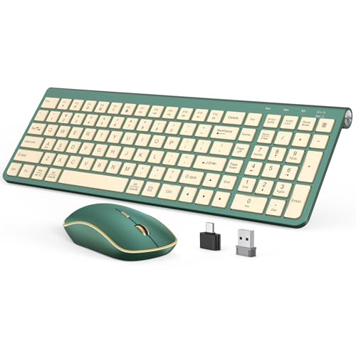 JOYACCESS Wireless Keyboard and Mouse Combo,2.4G Ergonomic Typewriter Keyboard with Type-C Receiver and Adjustable Tilt for Computer, Windows,Desktop, PC, Laptop-Cangling Green - color: Cangling Green