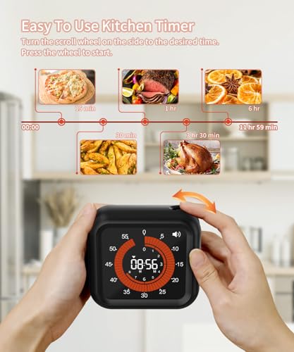 Digital Magnetic Visual Kitchen Timer, Up to 11H 59M Countdown & Count Up | USB-C Rechargeable, Large VA Display, Adjustable Volume and Brightness, Memory Recall Function for Kitchen, Classroom, Study - color: Black