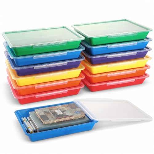 12 Pack Flat Storage Paper Tray with Clear Latching Lid Letter Size Organizer Bin Tray Plastic Latching File Organizer for Classroom Library School Office Teacher Desktop Book Organization (Rainbow) - color: Rainbow