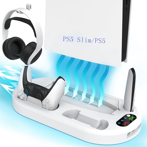 Gaming Console Vertical Stand with Dual Fast Charging Station & 3-Level Cooling Fan for PS5 Slim Digital & Disc Versions