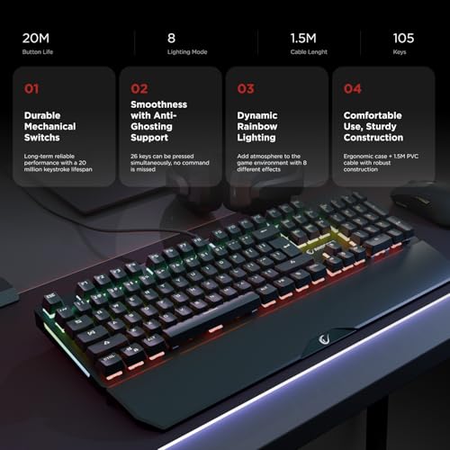 KB-R86 Umbra Mechanical Gaming Keyboard – High-Performance Switches, 26-Key Anti-Ghosting, 12 Multia Keys, Wrist Rest, Durable ABS – Compatible with PC, Laptop, Mac (Blue Switch) - color: Blue Switch, size: 26 Keys
