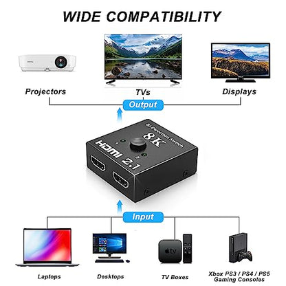 HDMI 2.1 Switch 48Gbps, Bi-Directional Manual HDMI Switcher 2 in 1 Out / 1 in 2 Out, Supports 8K@60Hz 4K@120Hz, VRR HDR10+ Dolby Vision, for PS5 PS4 Xbox PC TV Monitor