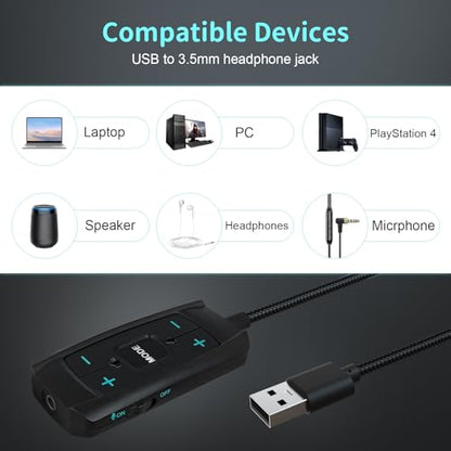 USB Sound Card Virtual 7.1 Surround Sound USB to 3.5mm Jack Audio Adapter Cable External Sound Card for PC/PS4/PS5/Mac/Gaming Headset, with Mute/Volume Control, 6.5ft, Audio Control Box, Plug and Play