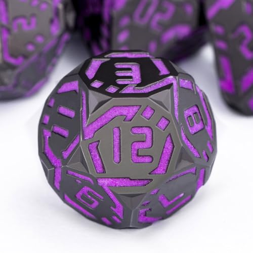 Metal DND Sci-fi Dice Set 7PCS Luminous Purple Stripe Polyhedral Dice for Dungeons Dragons RPG Role Playing Game, Glitter D and D Dice with Gift Box D6 D8 D10 D12 D20 - color: Nightlight - Purple