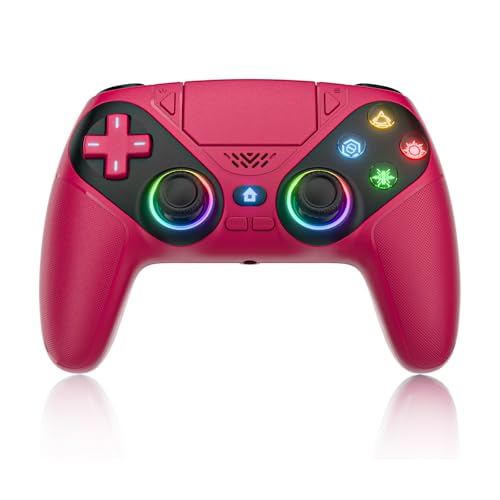 Dinosoo RGB Wireless Gamepad for PS5/PC/Mobile – Bluetooth Controller with Turbo, Macro, Dual Vibration, 6-Axis Gyro, Audio Jack, Speaker, 1000mAh Battery (Red) - color: Red