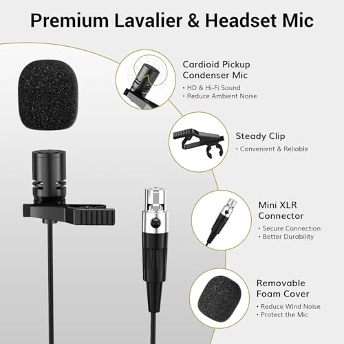 TONOR UHF Wireless Microphone System with Headset Lavalier Lapel Mic, Bodypack Transmitter, Rechargeable Receiver, 2 * 15 Channels 60 m/200ft Range 1/4" Output for Recording, 2 Bodypack Mics