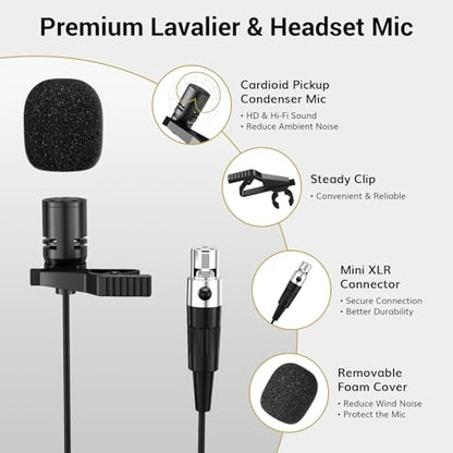 TONOR UHF Wireless Microphone System with Headset Lavalier Lapel Mic, Bodypack Transmitter, Rechargeable Receiver, 2 * 15 Channels 60 m/200ft Range 1/4" Output for Recording, 2 Bodypack Mics